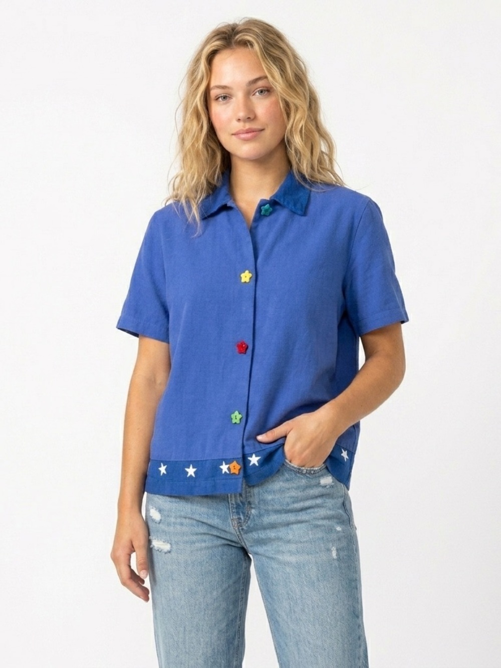 Vintage 90s CoConut Bay Americana Star Hem Boxy Cotton Linen Shirt Small
